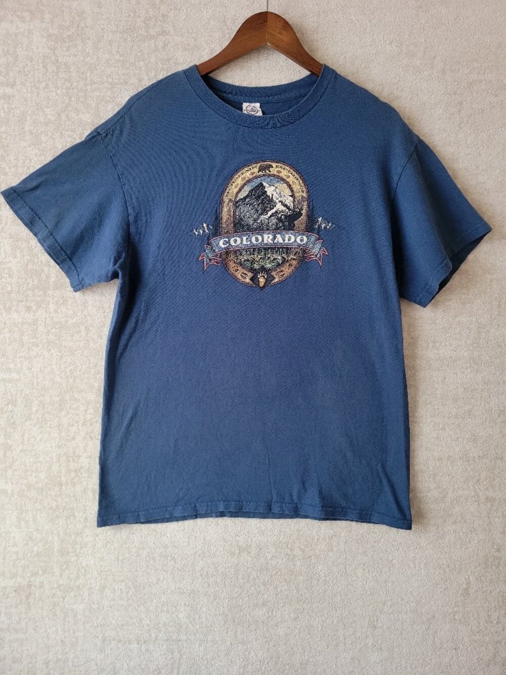 Vintage Colorado Rocky Mountains Graphic Tshirt Mens Large Blue Short Sleeve Reg